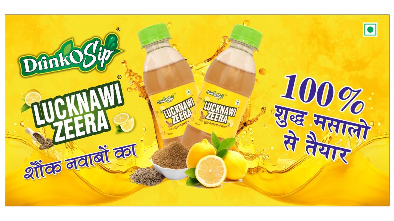 DrinkoSip Lucknawi Zeera — two premium masala jeera bottles with golden splash, lemons and spices