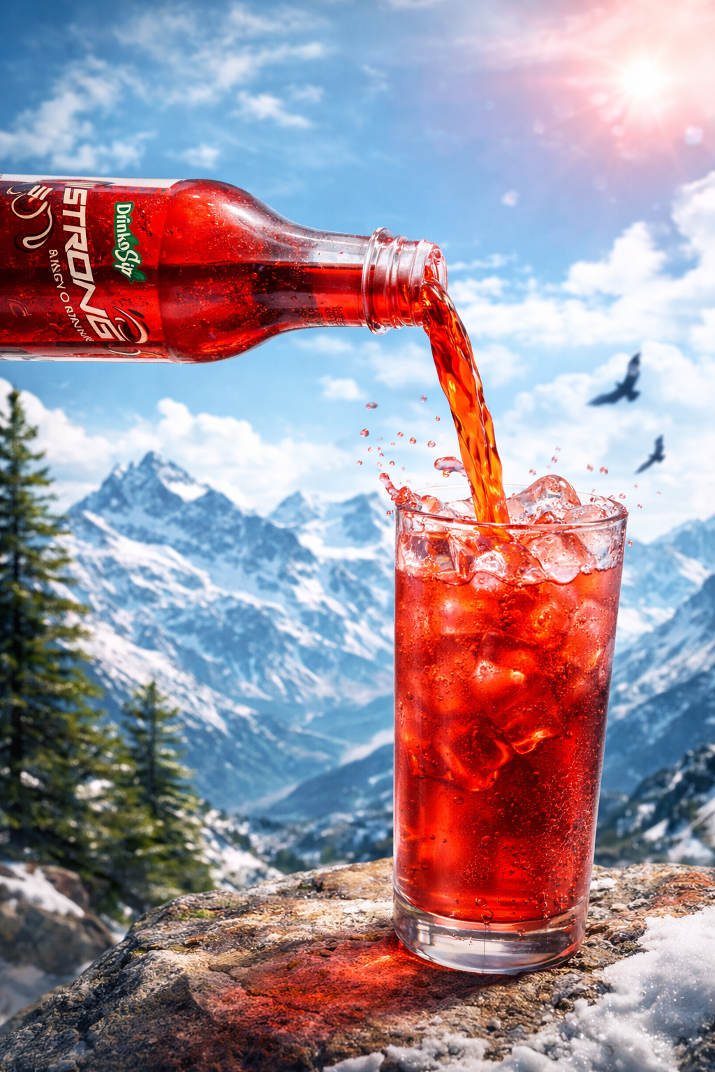 Strong Energy Drink in snowy mountain landscape