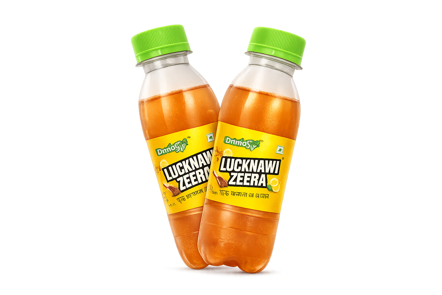 DrinkoSip Lucknawi Zeera — two bottles with golden liquid splash, lemons and cumin spices
