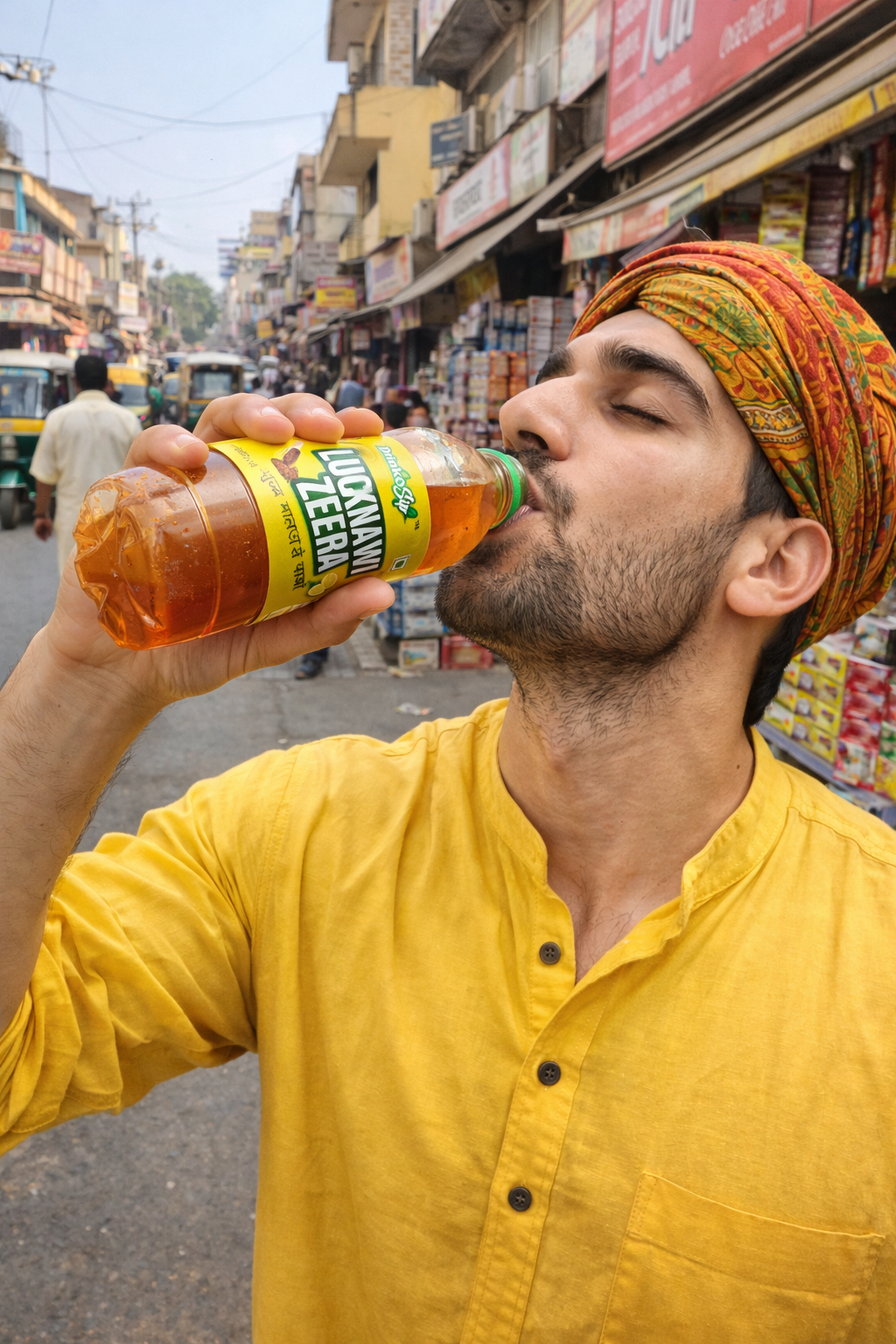 Young man drinking Lucknawi Zeera in the city
